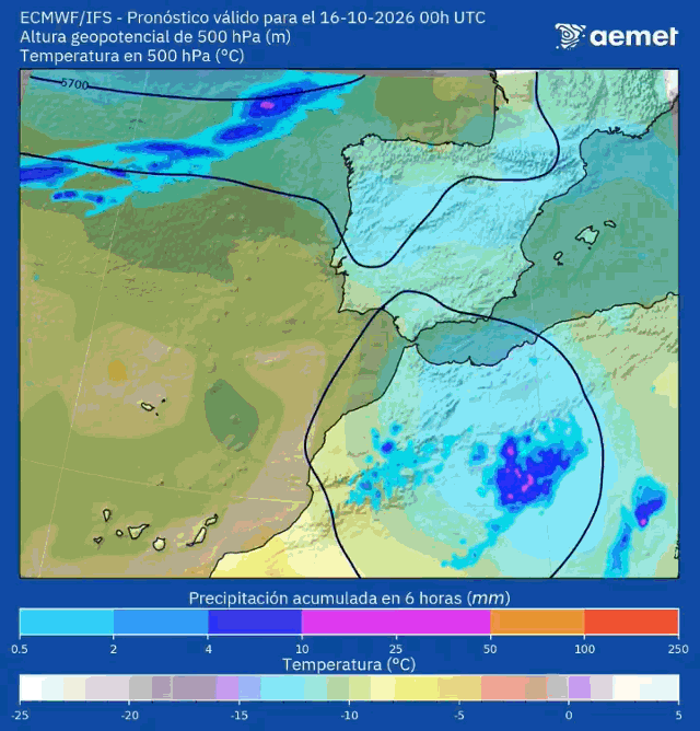 Altura geopotencial, Temperatura y Precipitación a 500 hPa