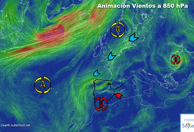 Animación Viento a 850hPa. Altas presiones, baja en el Sw , Levante en el Mediterraneo y norte en nuestra región