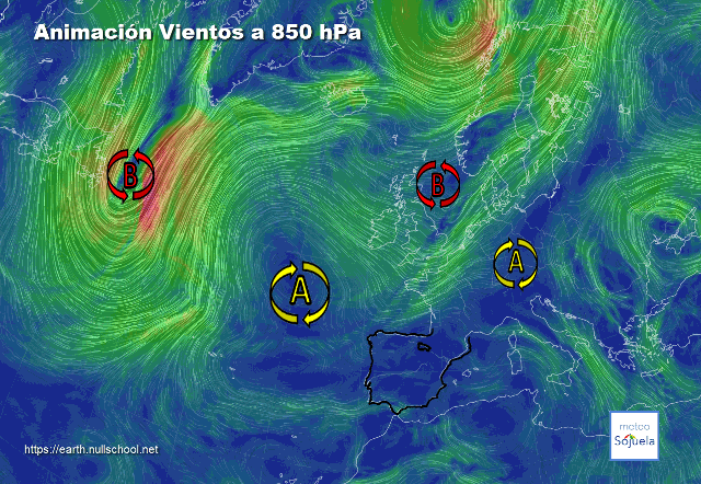Animación Viento a 850hPa. Altas presiones de bloqueo