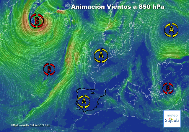 Animación Viento a 850hPa. Altas presiones de bloqueo