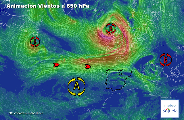 Animación Viento a 850hPa. Altas presiones de bloqueo y zonal de Oeste