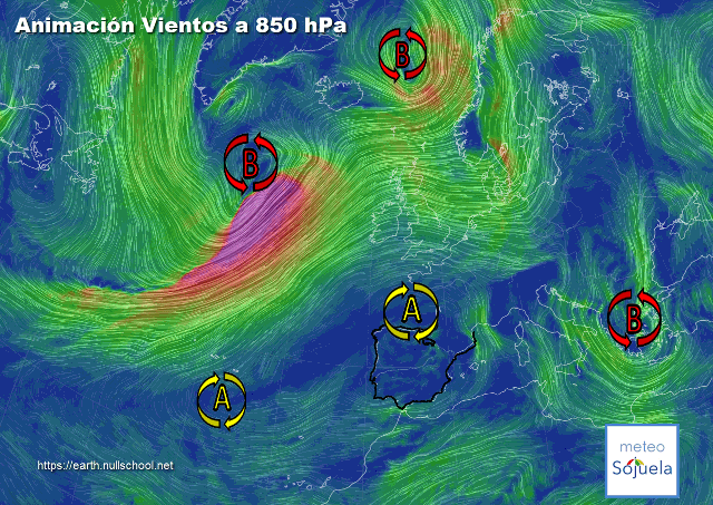 Animación Viento a 850hPa. Altas presiones de bloqueo