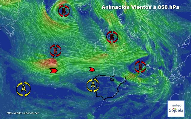 Animación Viento a 850hPa. Altas presiones y zonal de Oeste