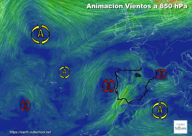 Animación Viento a 850hPa. Bajas presiones y vientos del Sur