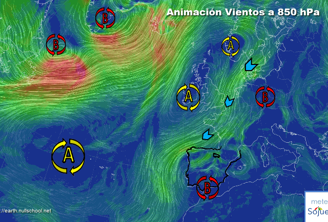 Animación Viento a 850hPa. Bajas presiones y vientos del norte