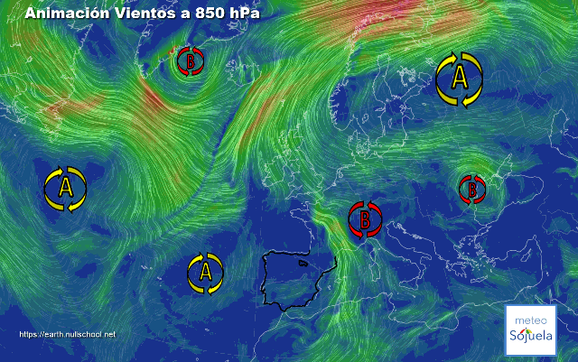 Animación Viento a 850hPa. Entre las altas y las bajas presiones