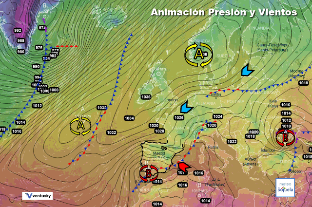 Animación presión y viento, Altas presiones, baja en el Sw y Levante