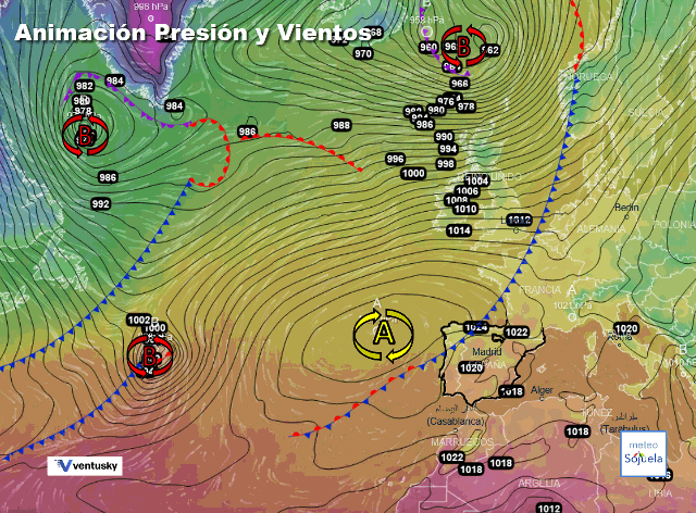 Animación presión y viento, Altas presiones de bloqueo y frente