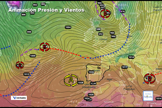 Animación presión y viento, Altas presiones de bloqueo y zonal de Oeste