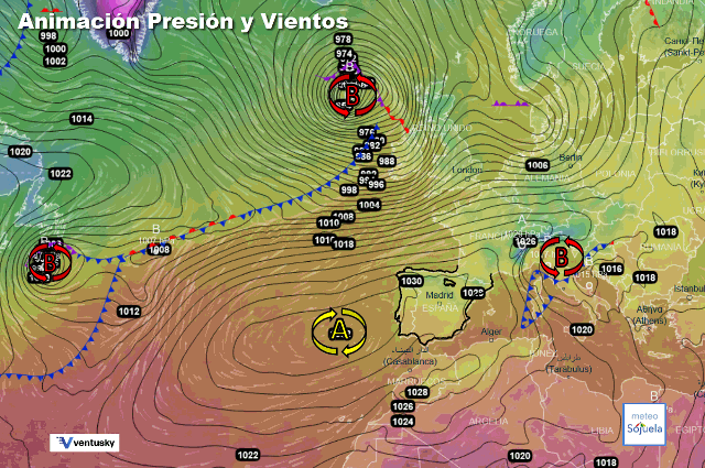 Animación presión y viento, Altas presiones de bloqueo y zonal de Oeste
