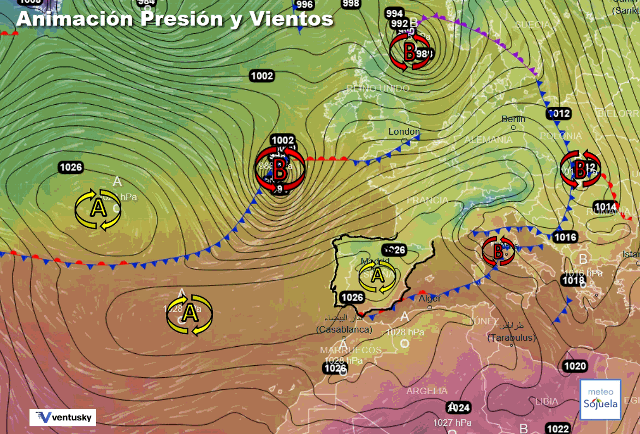Animación presión y viento, Altas presiones y zonal de Oeste