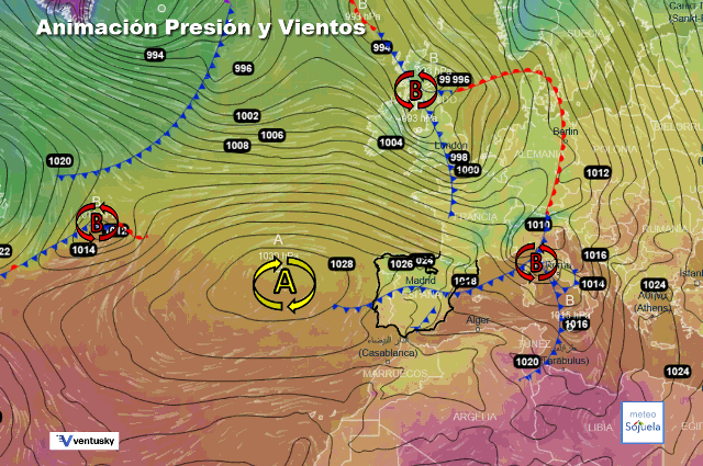 Animación presión y viento, Altas presiones y zonal de Oeste