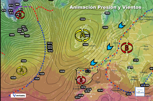 Animación presión y viento, Bajas presiones con vientos del Norte