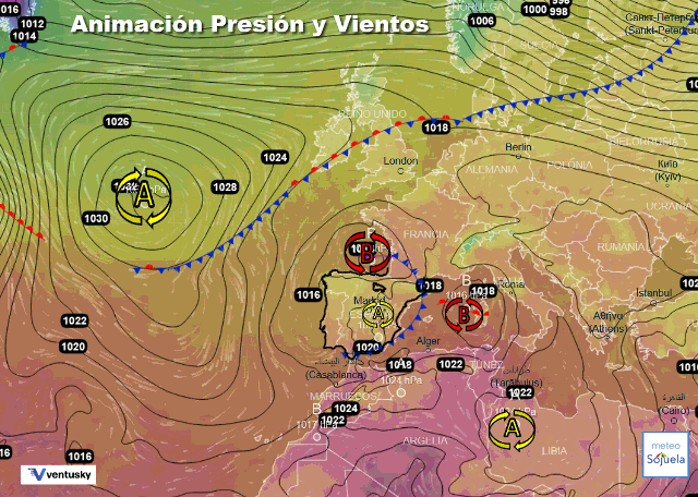 Animación presión y viento, Bajas presiones en el Cantábrico y el Mediterráneo