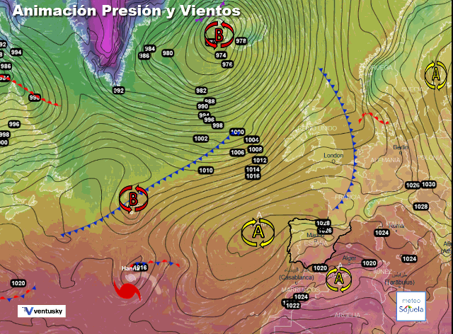 Animación presión y viento, Borrasca, frente y anticiclón