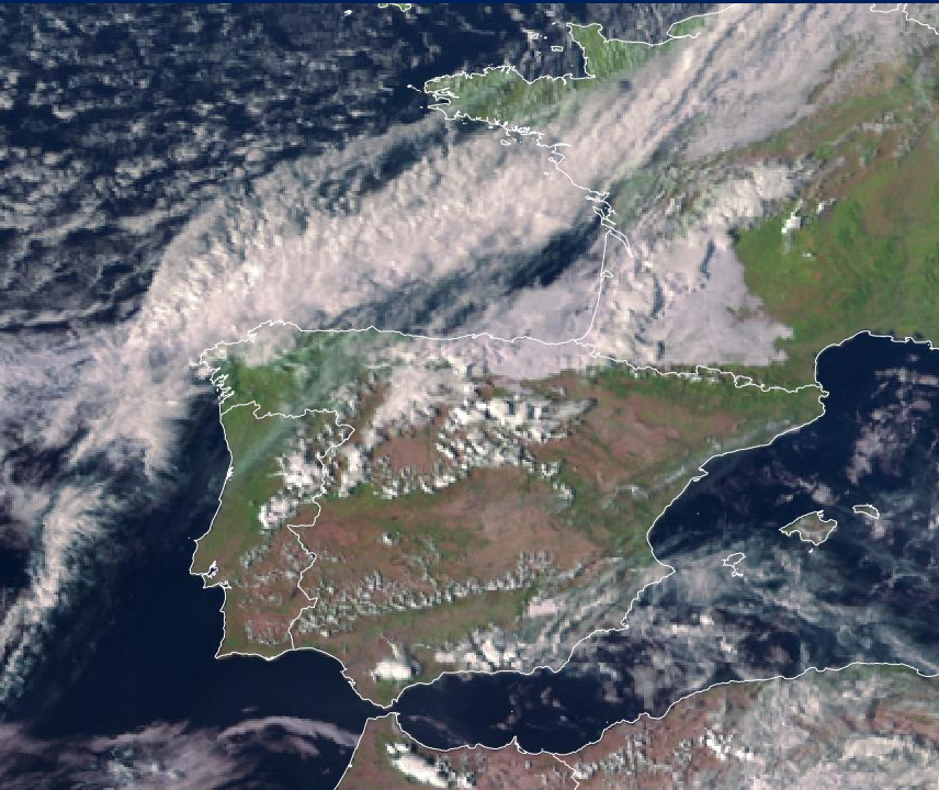 Imagen de satélite. Frente en el norte y nubes de evolucion en la Iberica