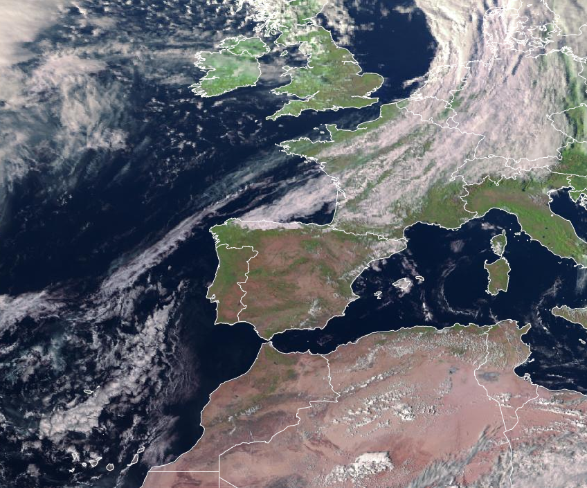 Imagen de satélite. Frente rozando el Norte peninsular. Poco nuboso en el resto