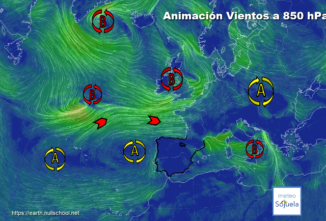 Animación Viento a 850hPa. Altas presiones y zonal de Oeste